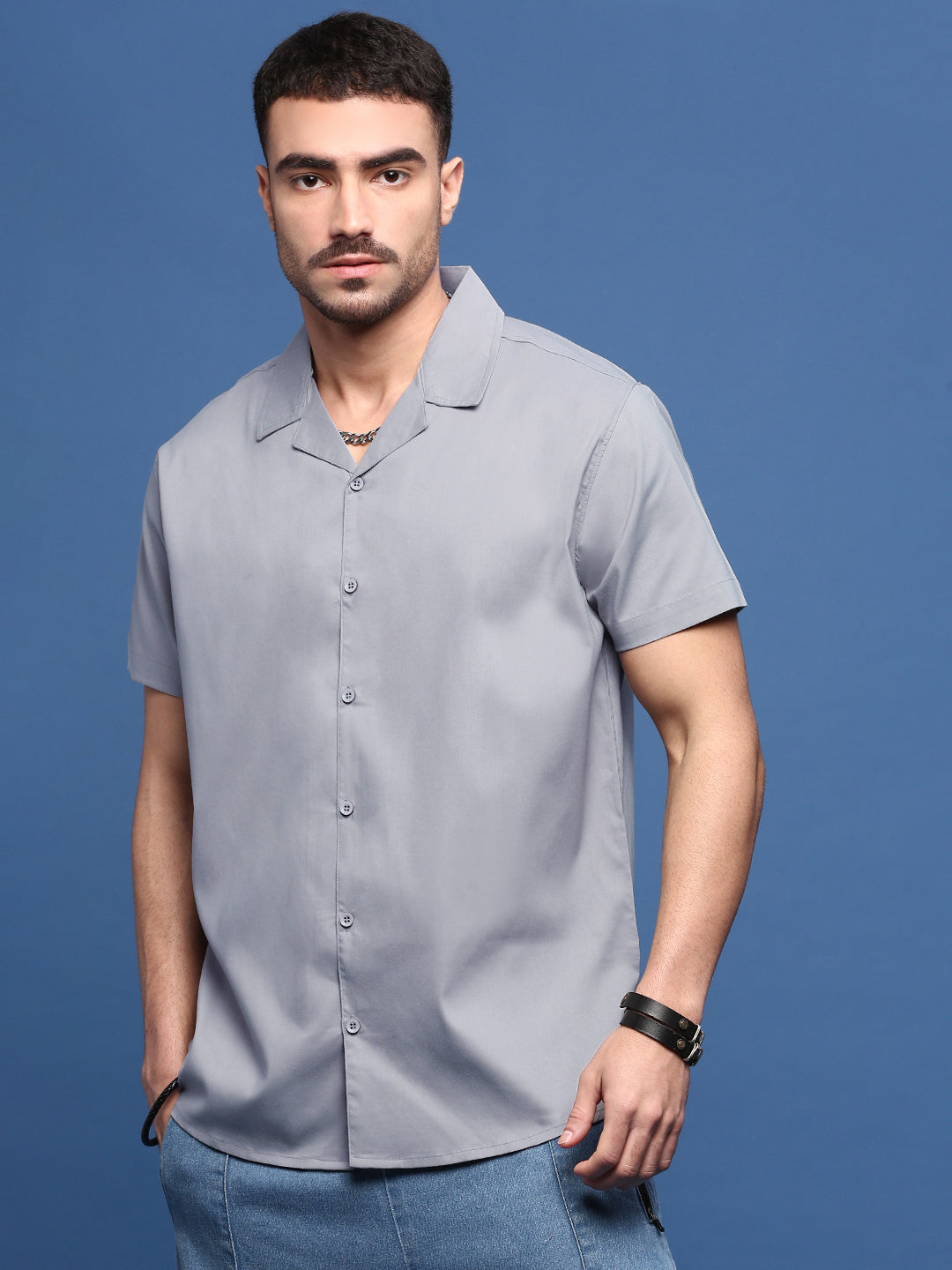 Men Grey Solid Cuban Collar Shirt