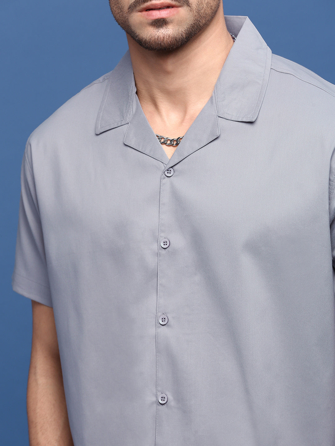 Men Grey Solid Cuban Collar Shirt