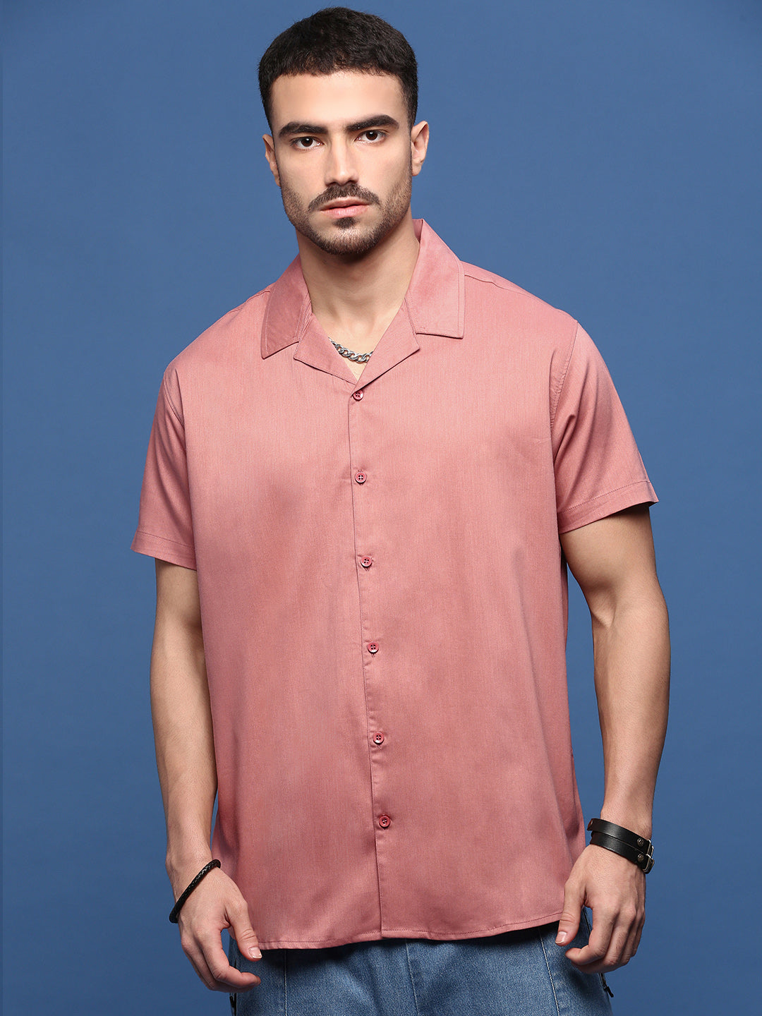 Men Peach Solid Cuban Collar Shirt