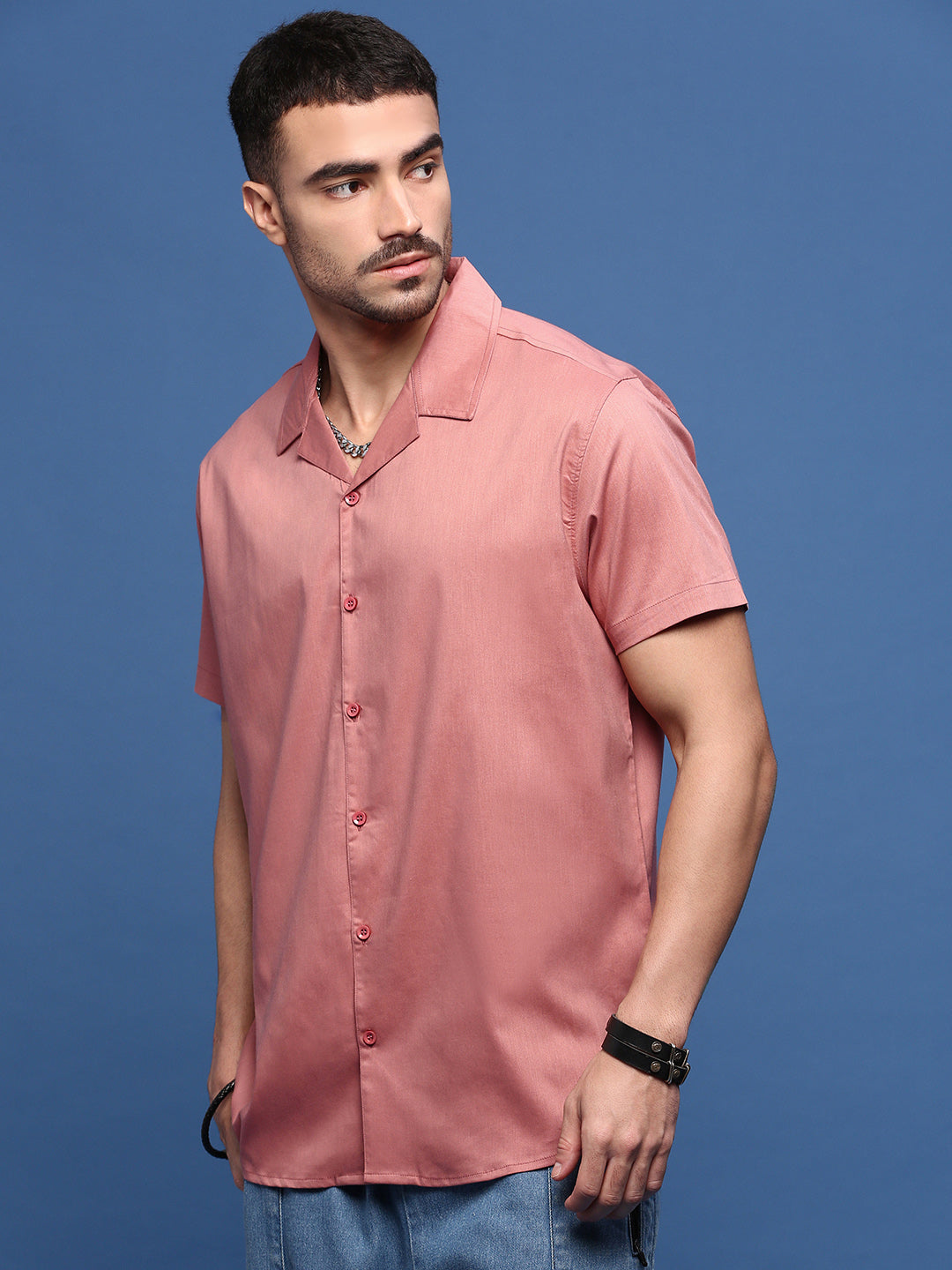 Men Peach Solid Cuban Collar Shirt