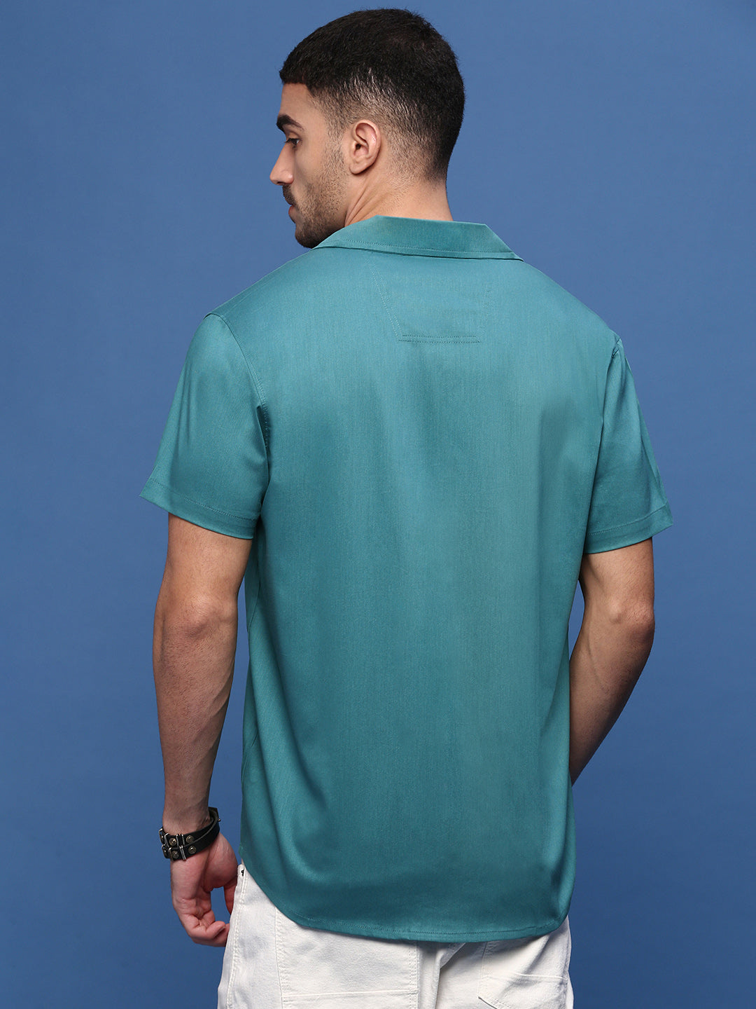 Men Teal Solid Cuban Collar Shirt