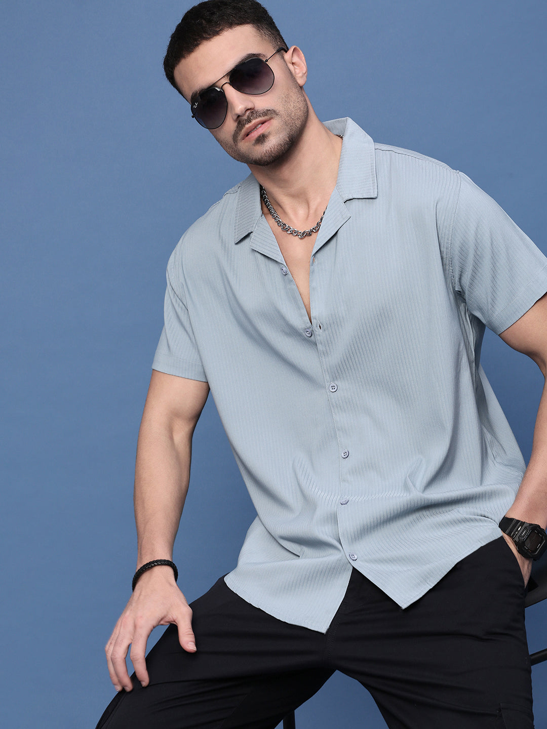 Men Blue Cuban Collar Shirt