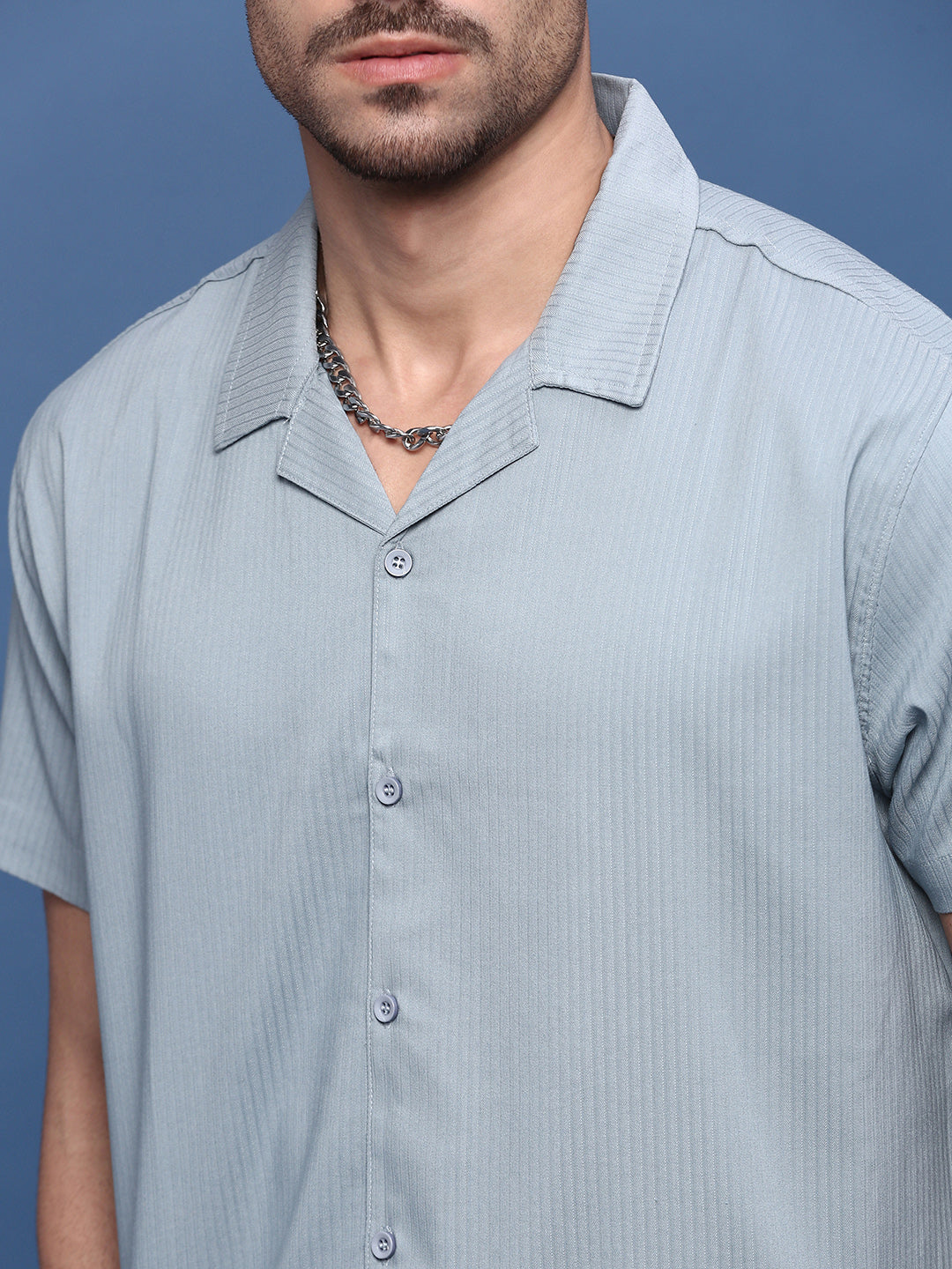 Men Blue Cuban Collar Shirt