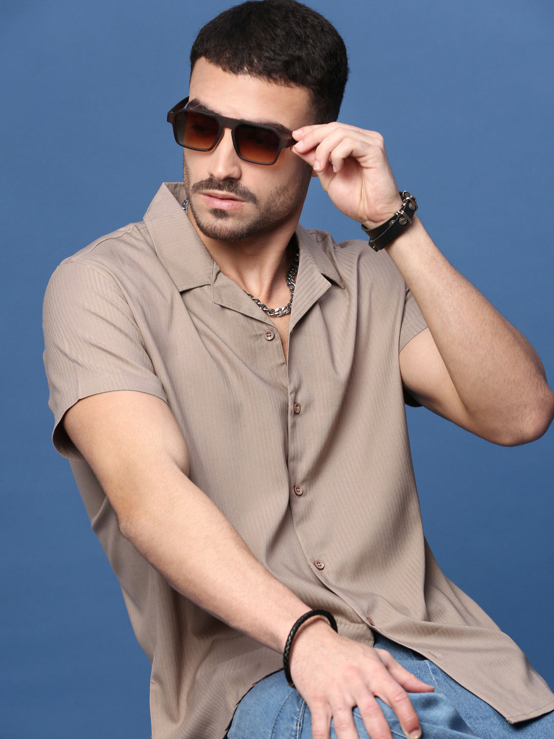 Men Brown Cuban Collar Shirt