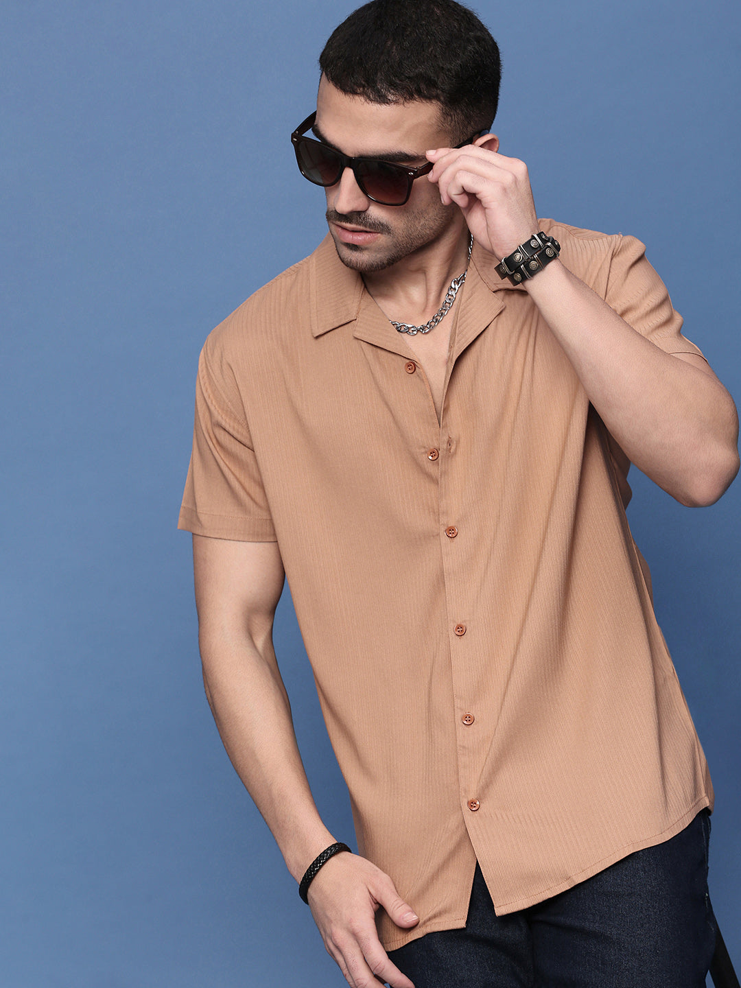 Men Orange Cuban Collar Shirt