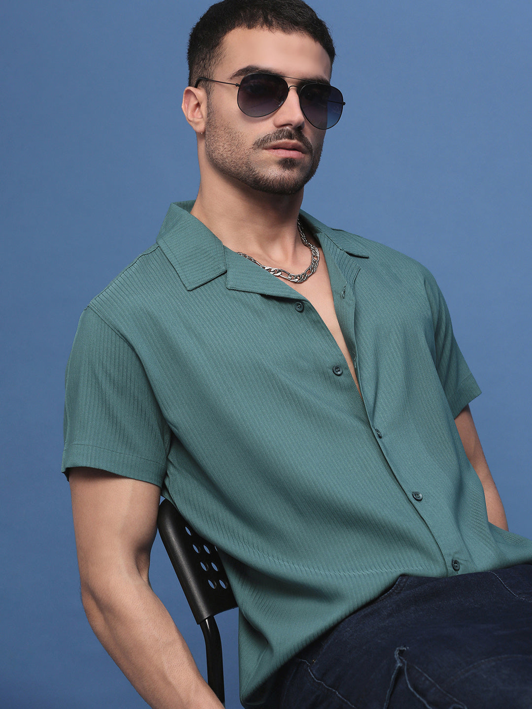 Men Teal Cuban Collar Shirt