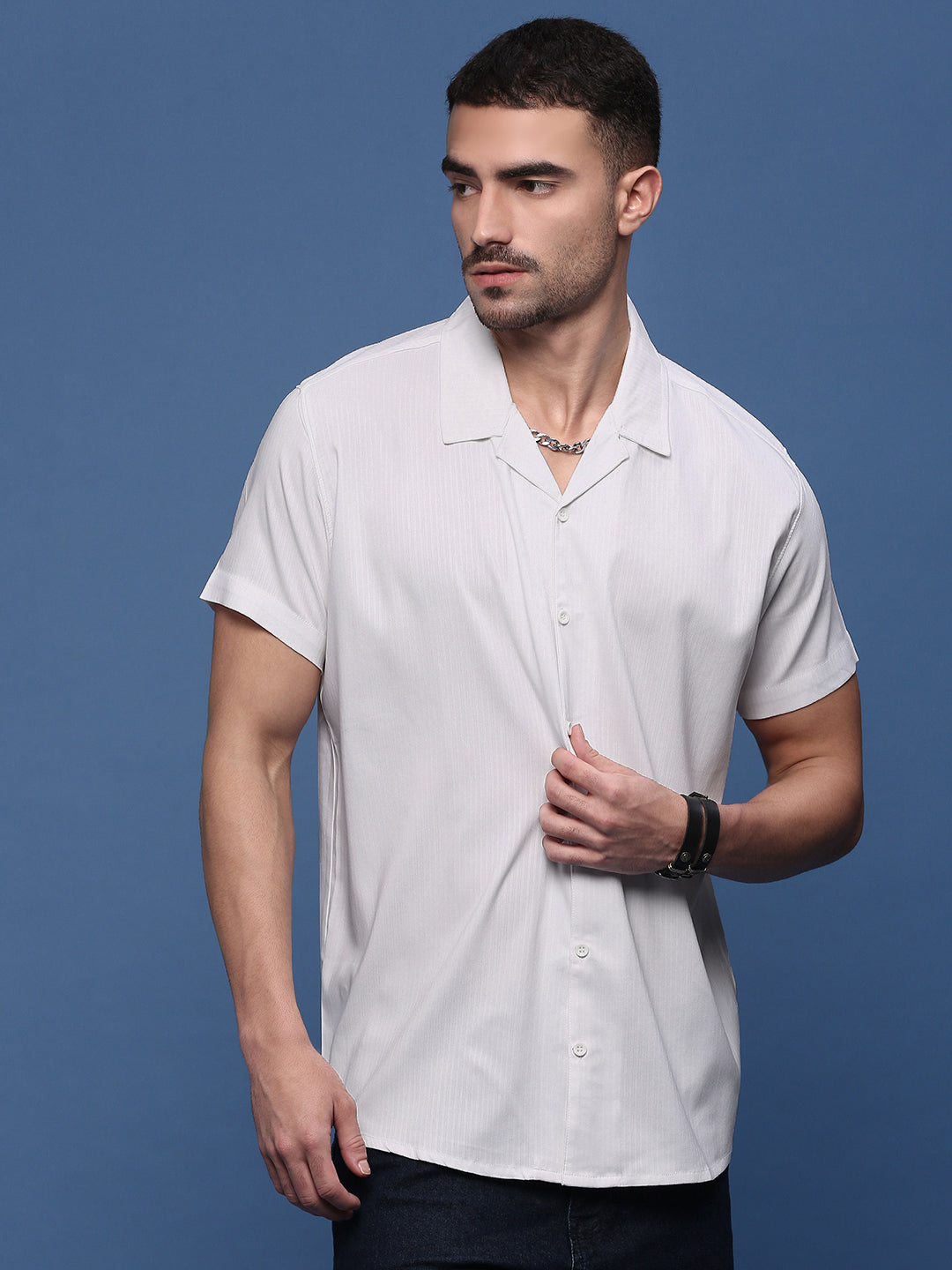 Men White Cuban Collar Shirt