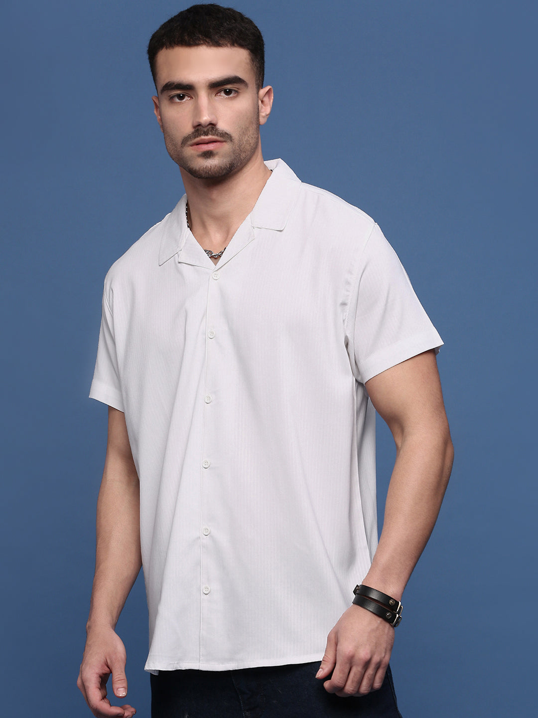 Men White Cuban Collar Shirt