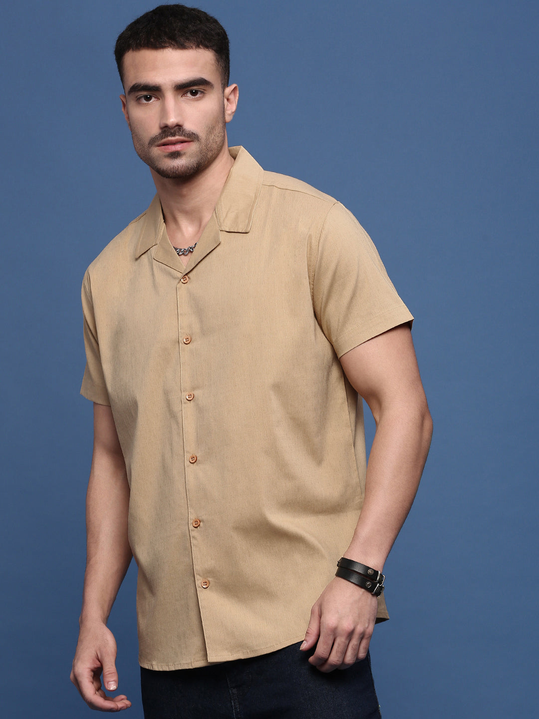 Men Beige Solid Cuban Collar Shirt