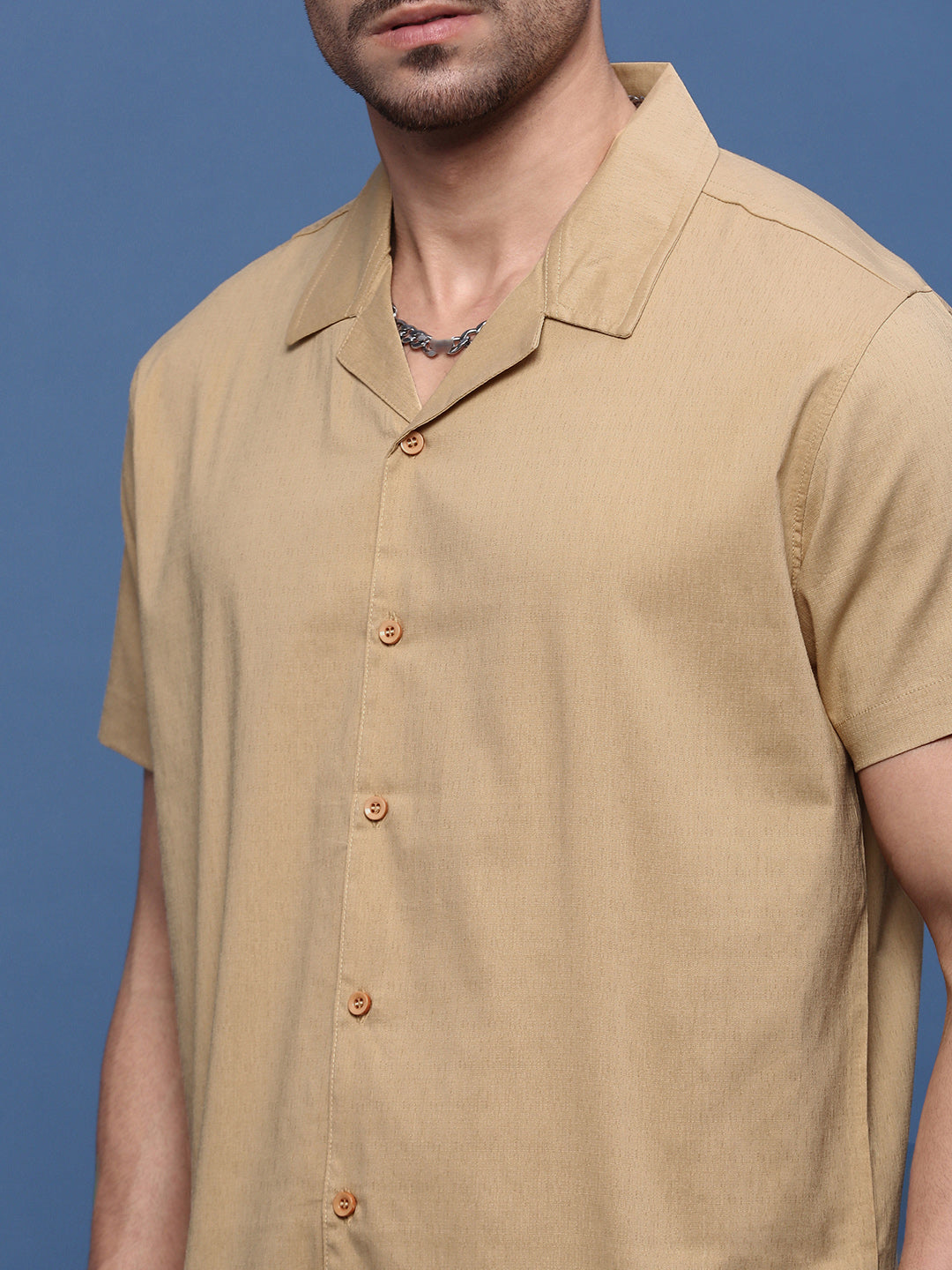 Men Beige Solid Cuban Collar Shirt