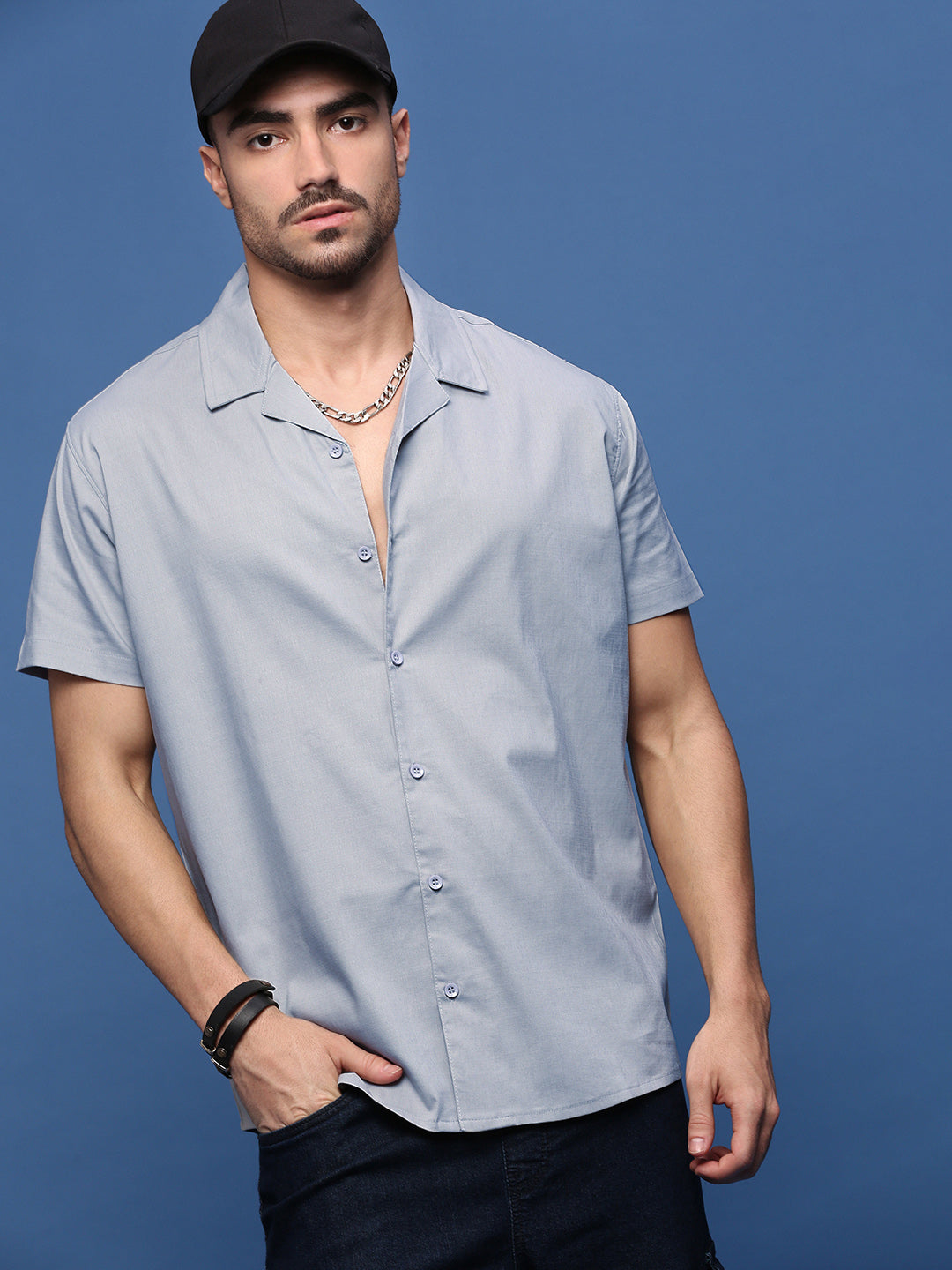 Men Blue Solid Cuban Collar Shirt