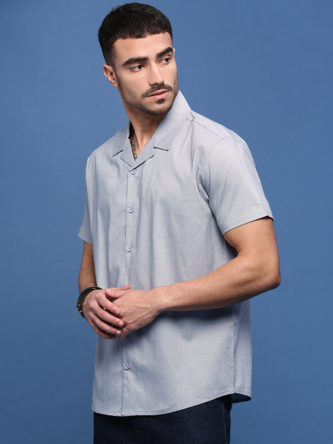 Men Blue Solid Cuban Collar Shirt