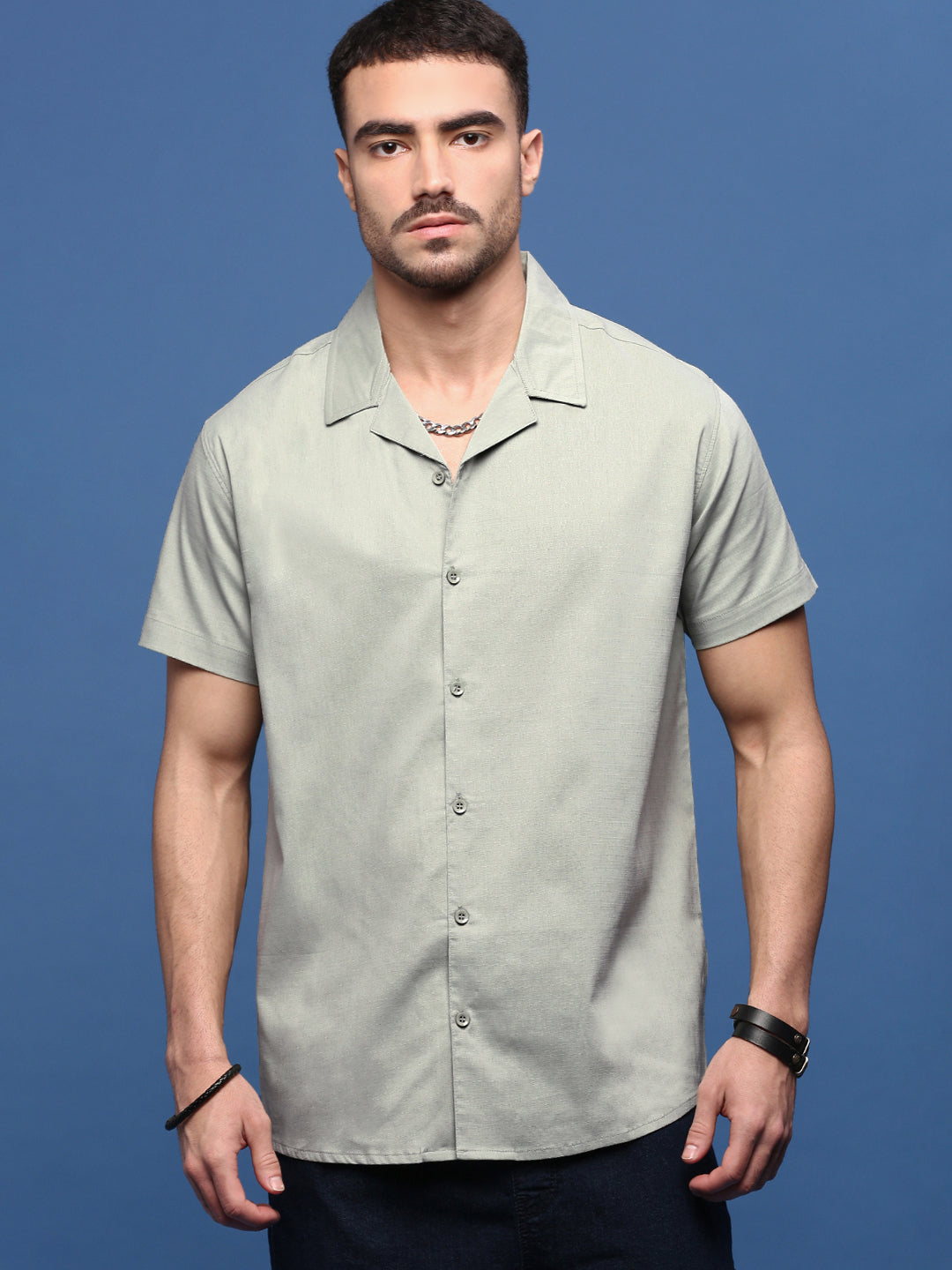 Men Green Solid Cuban Collar Shirt