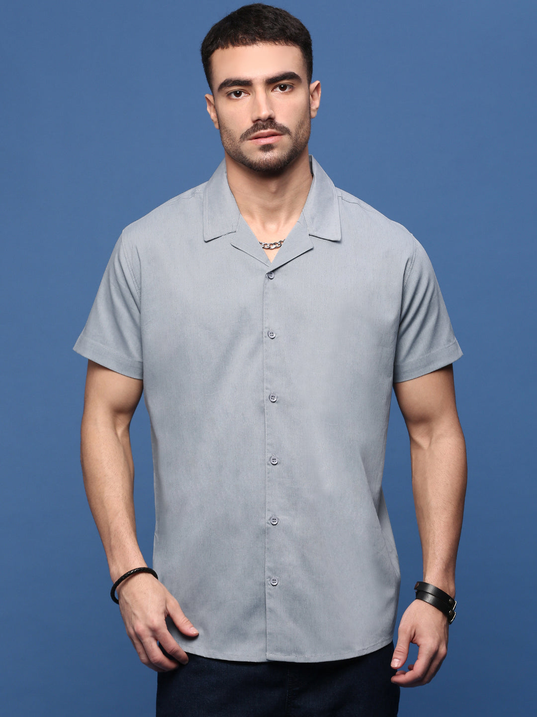 Men Grey Solid Cuban Collar Shirt