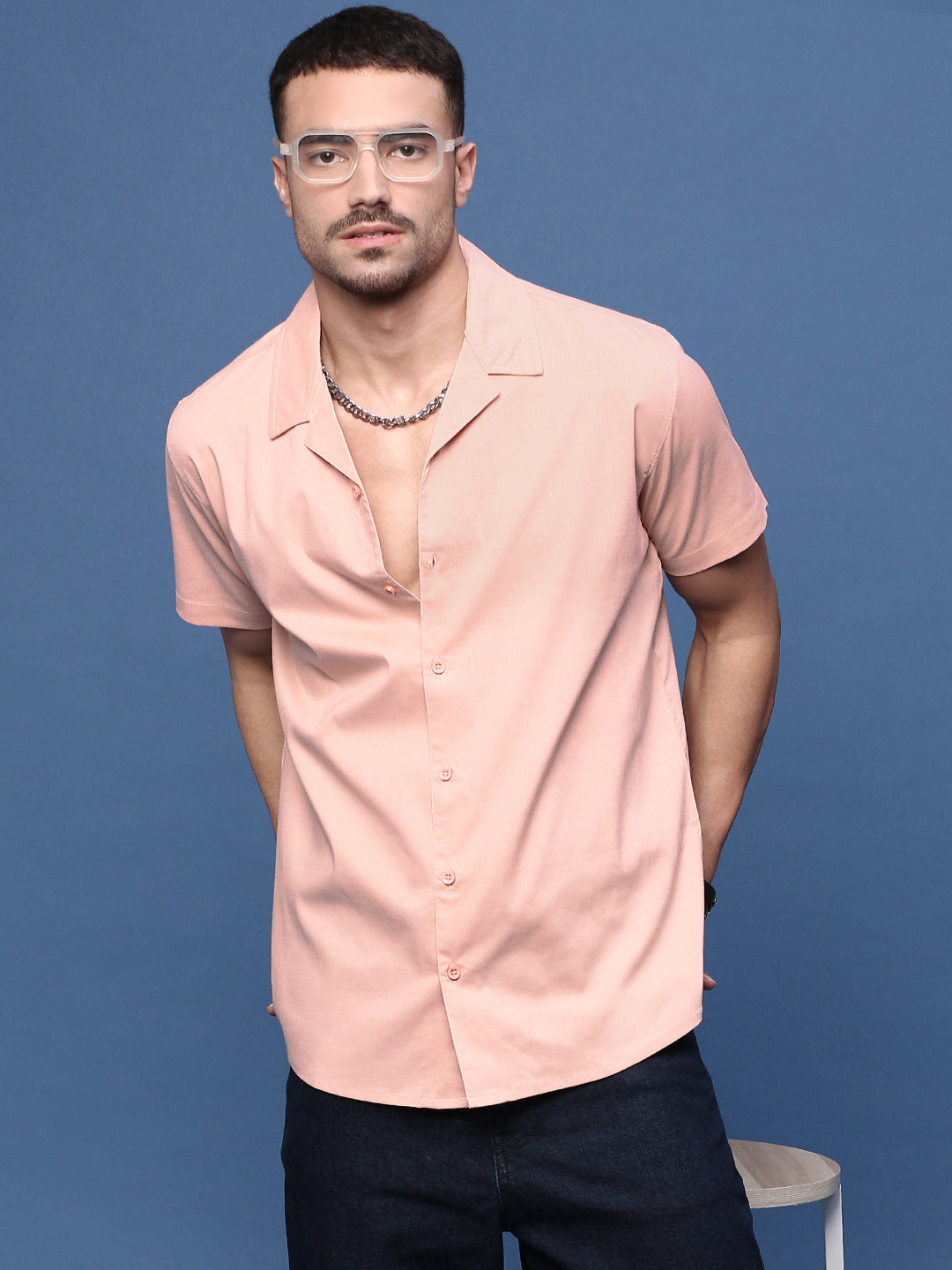 Men Peach Solid Cuban Collar Shirt