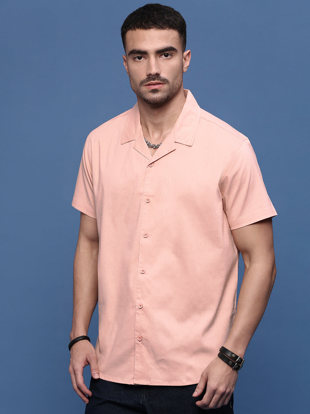 Men Peach Solid Cuban Collar Shirt