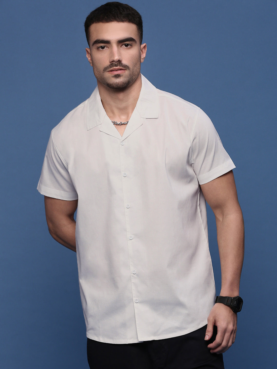 Men White Solid Cuban Collar Shirt