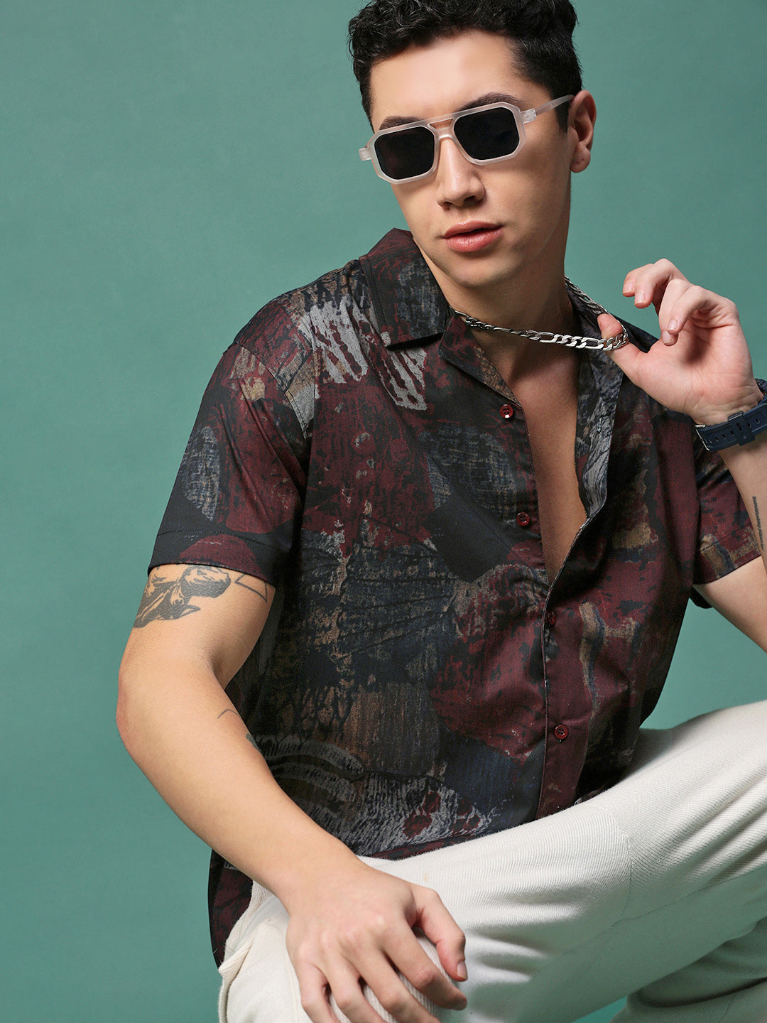 Men Maroon Abstract Cuban Collar Shirt