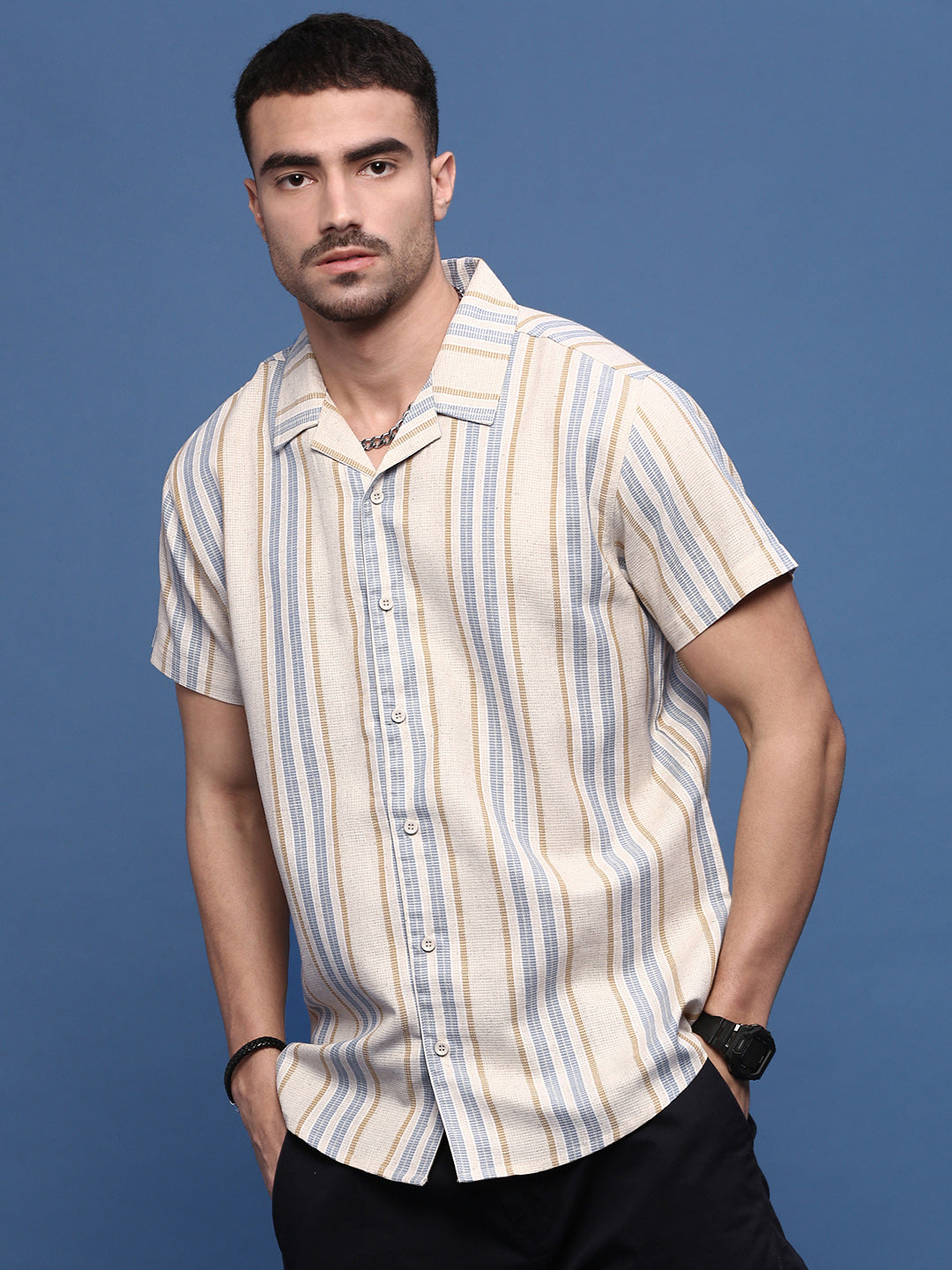 Men Beige Cuban Collar Striped Shirt