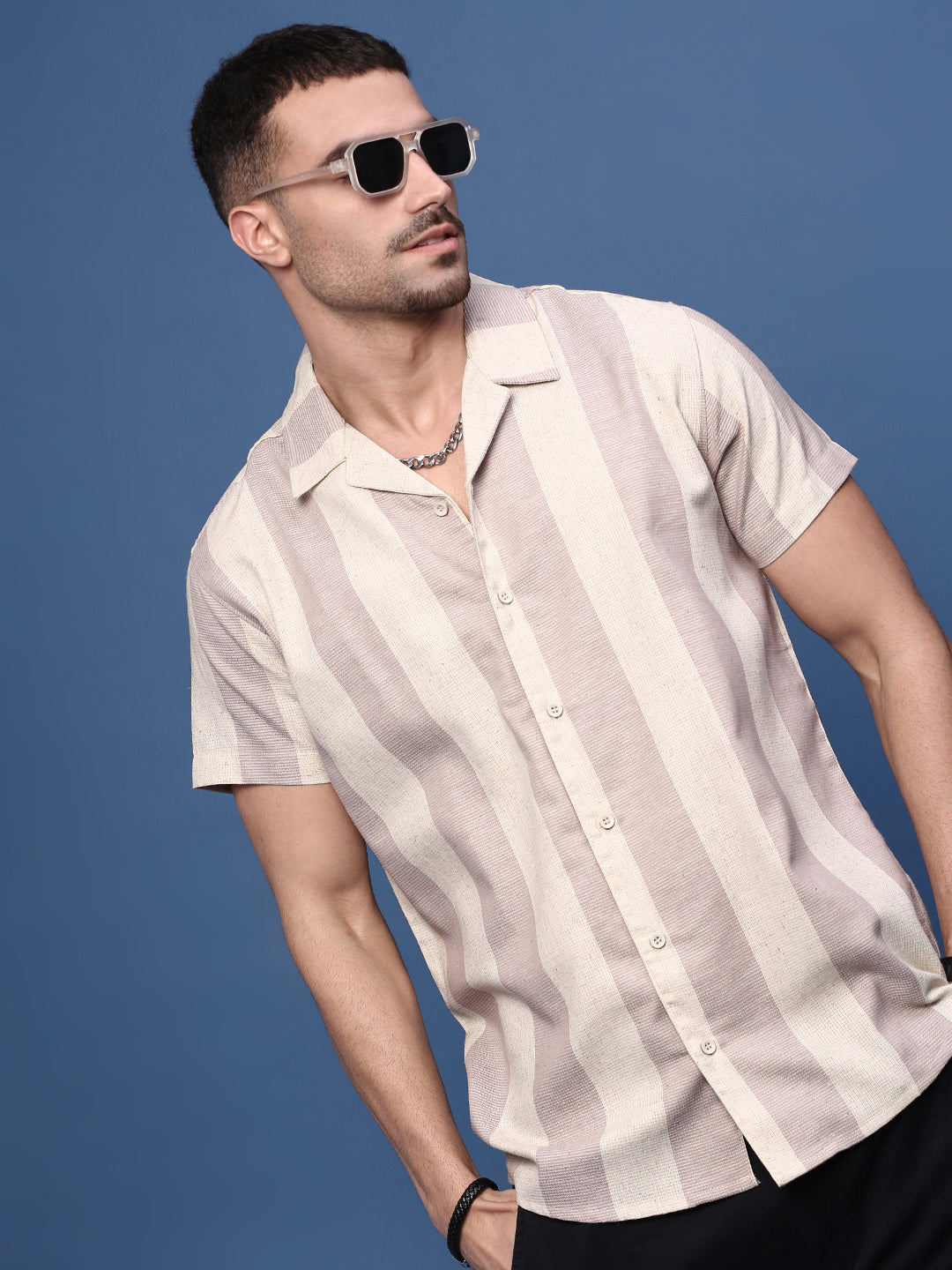 Men Lavender Cuban Collar Striped Shirt