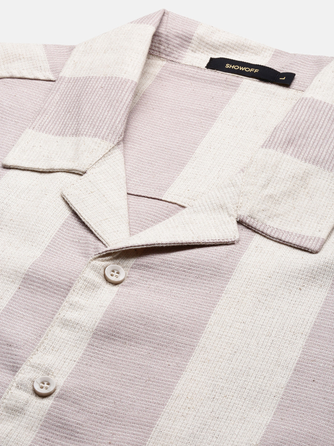 Men Lavender Cuban Collar Striped Shirt