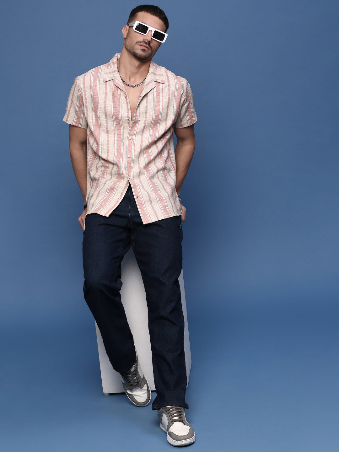 Men Peach Cuban Collar Striped Shirt