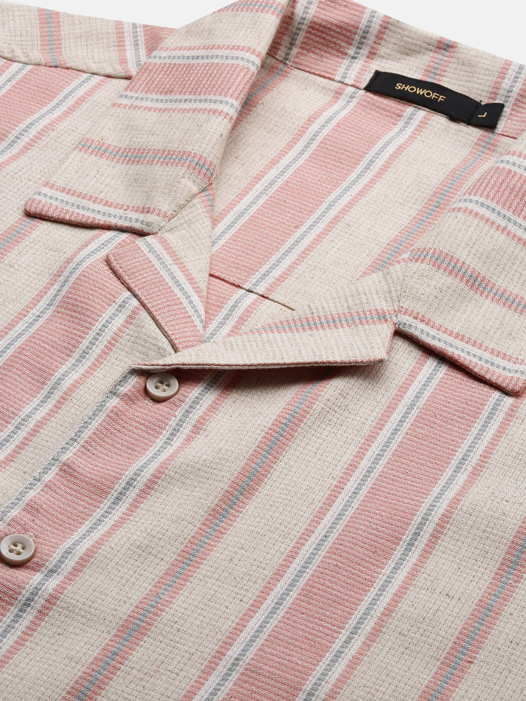 Men Peach Cuban Collar Striped Shirt