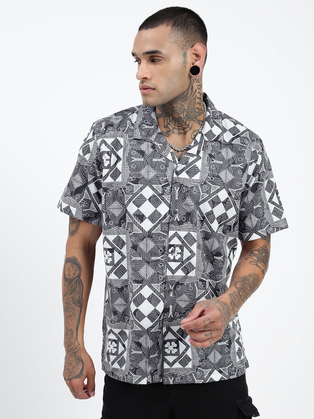 Men Geometric Grey Relaxed Fit Shirt