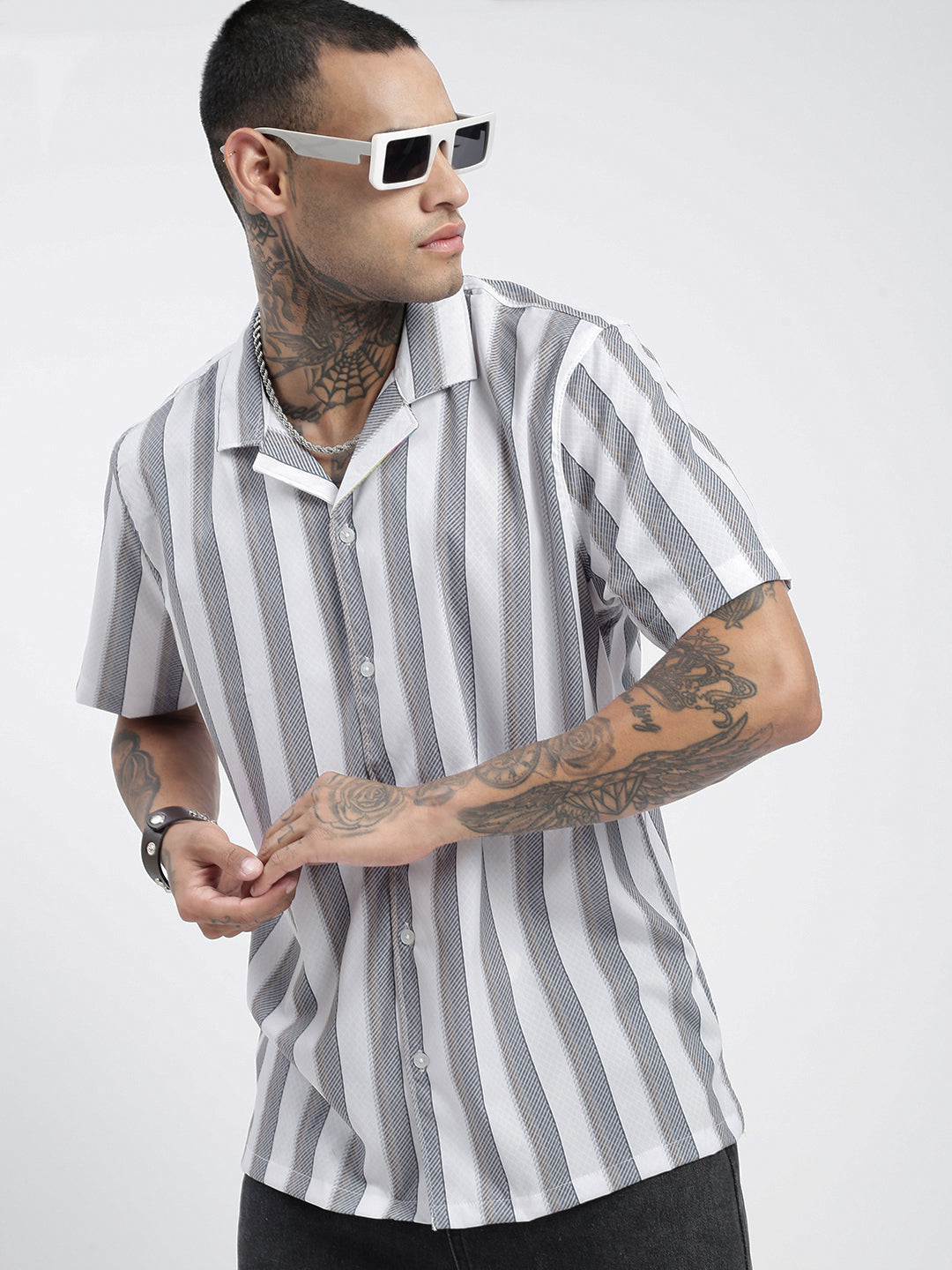 Men Striped Grey Relaxed Fit Shirt