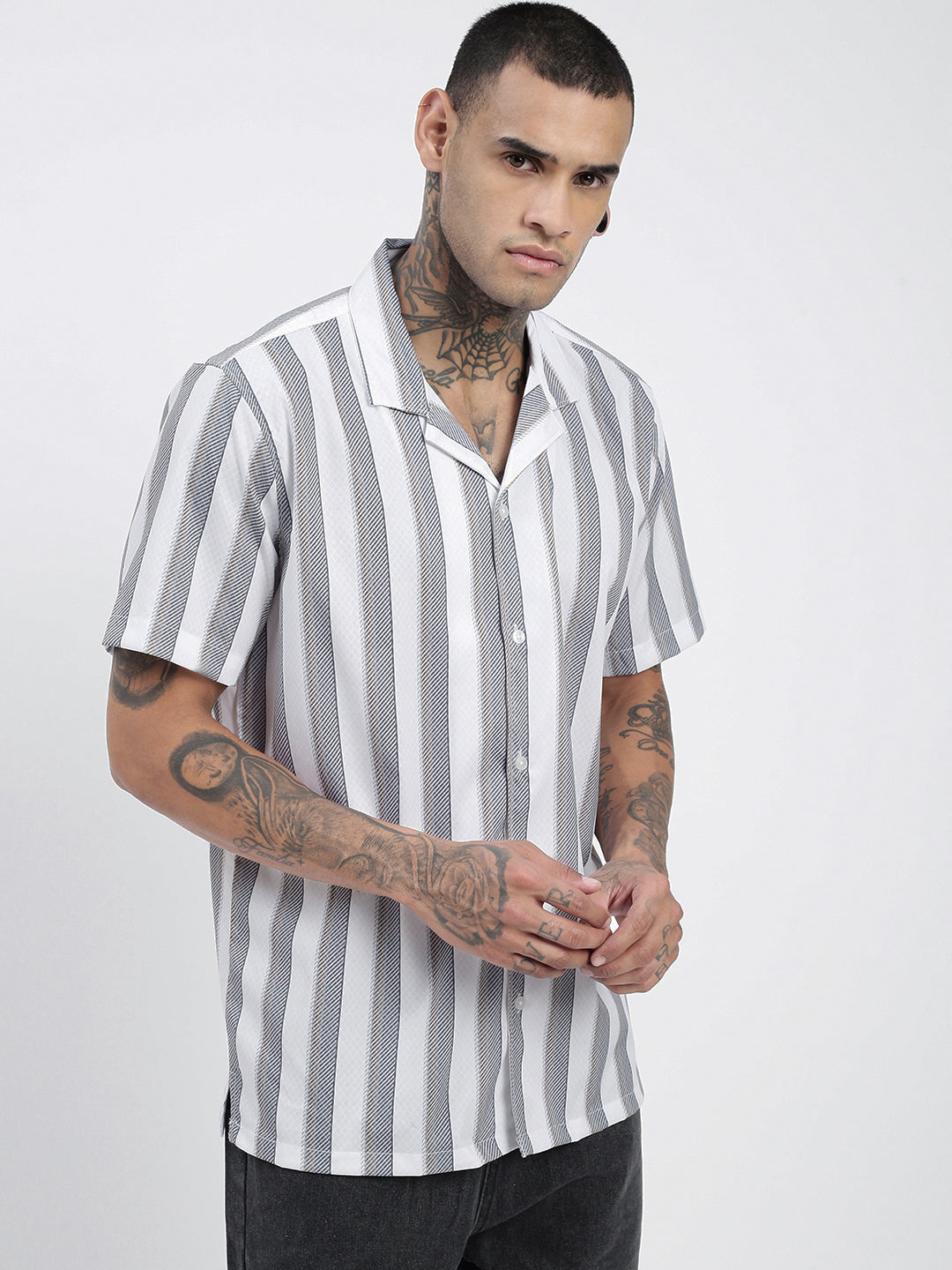 Men Striped Grey Relaxed Fit Shirt