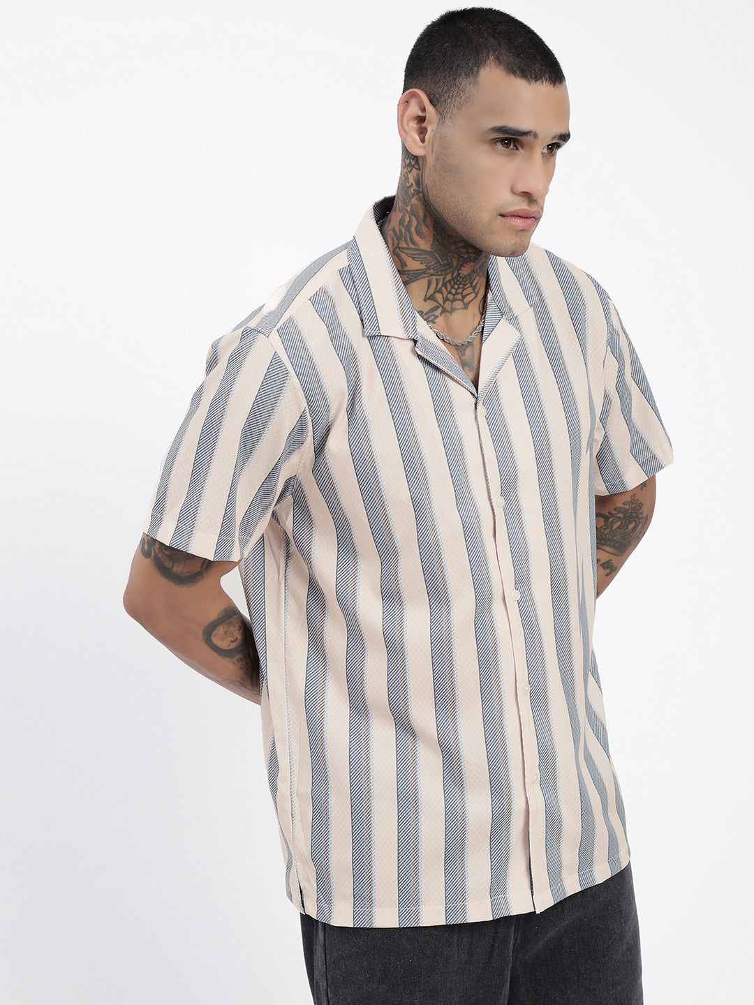 Men Striped Cream Relaxed Fit Shirt