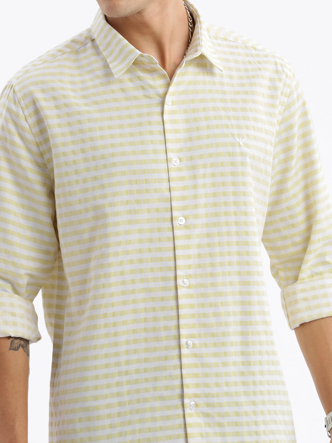 Men Spread Collar Checked Slim Fit Yellow Shirt
