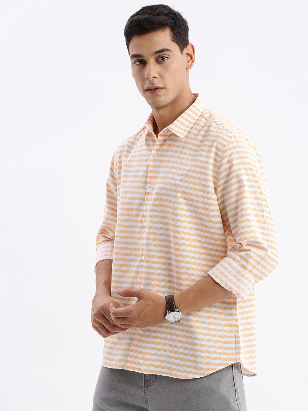 Men Spread Collar Checked Slim Fit Orange Shirt