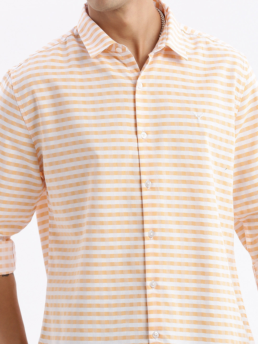 Men Spread Collar Checked Slim Fit Orange Shirt