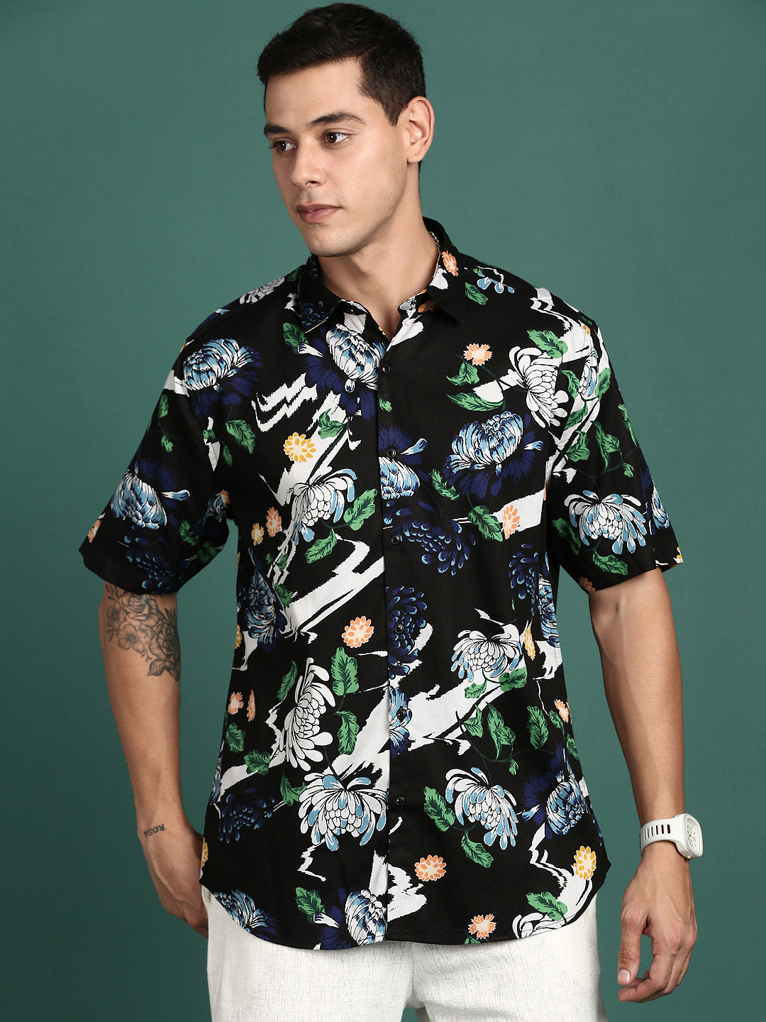 Men Floral Black Slim Fit Shirt