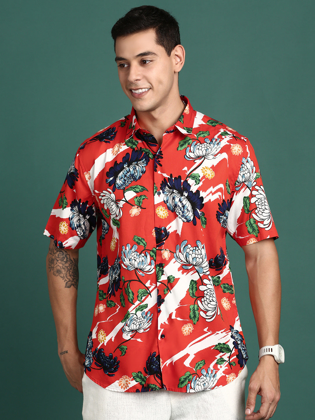 Men Floral Orange Slim Fit Shirt