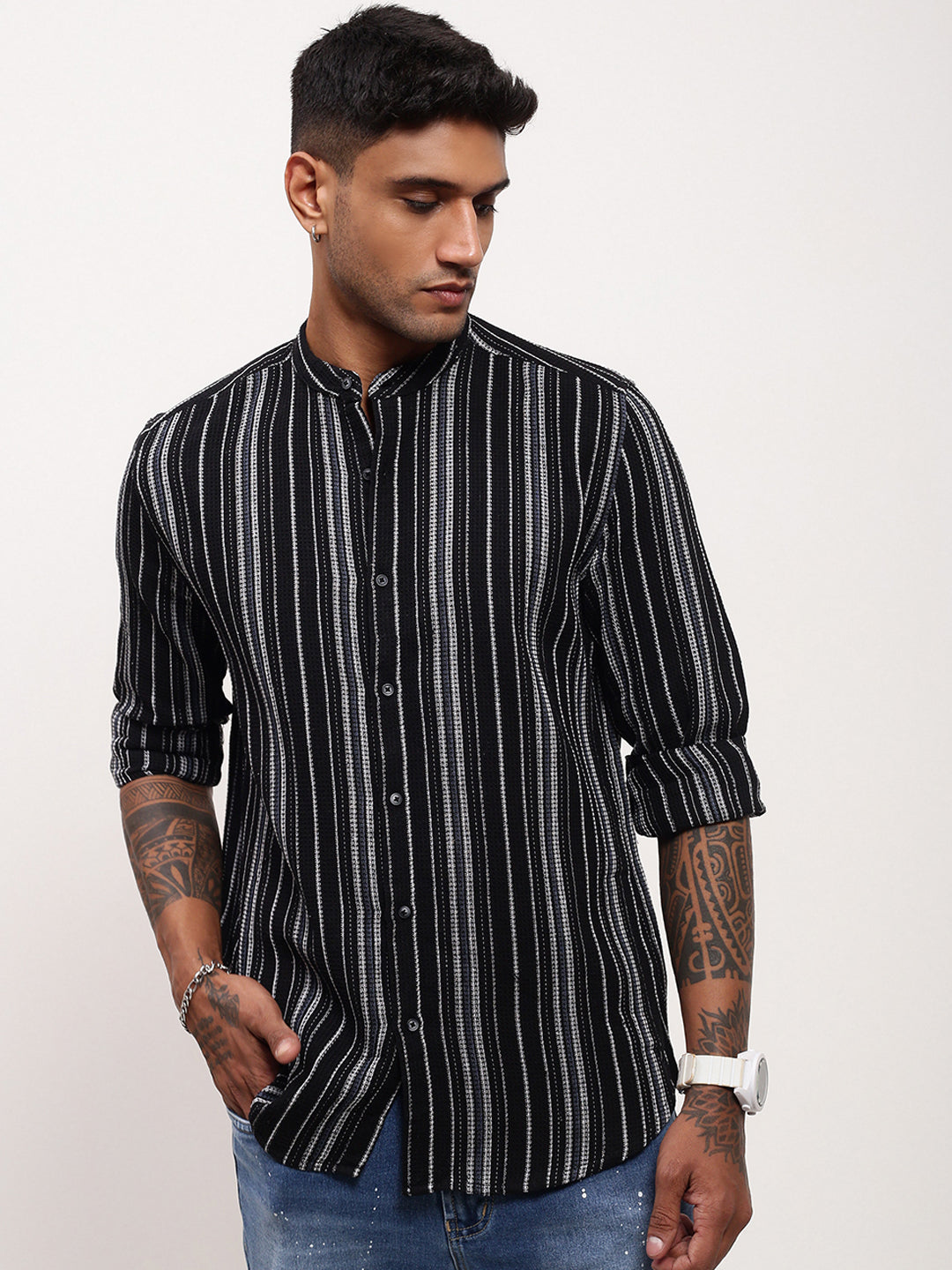 Men Black Striped Slim Fit Shirt