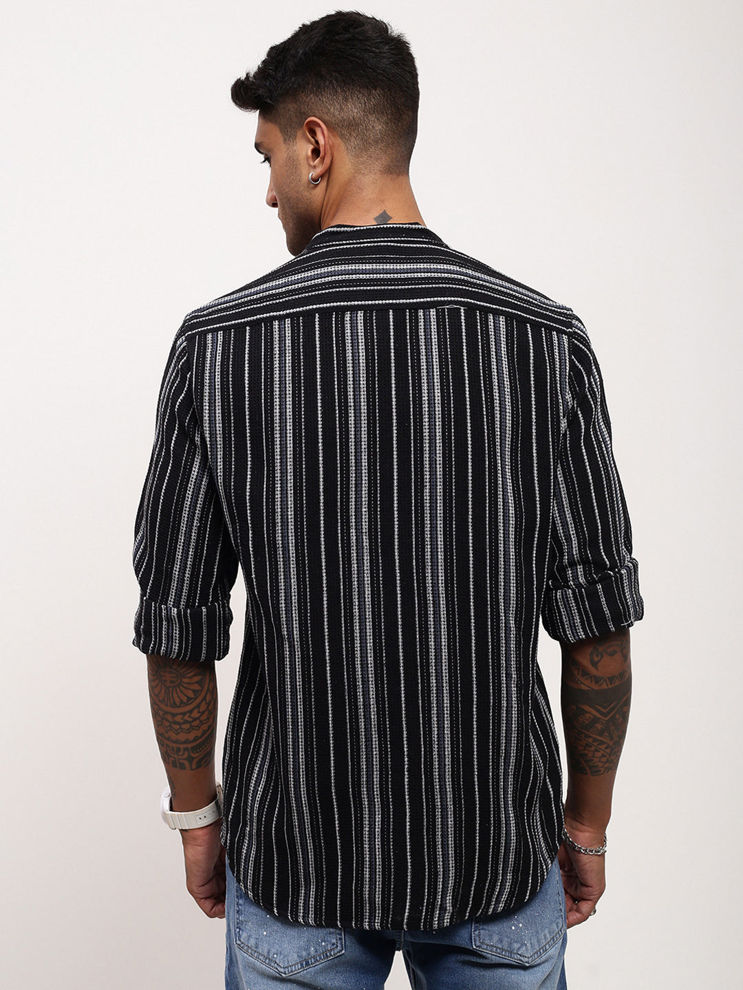 Men Black Striped Slim Fit Shirt