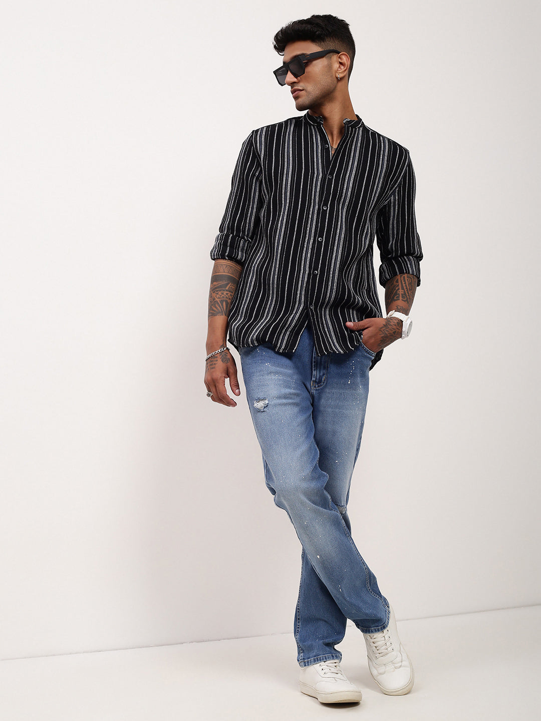 Men Black Striped Slim Fit Shirt