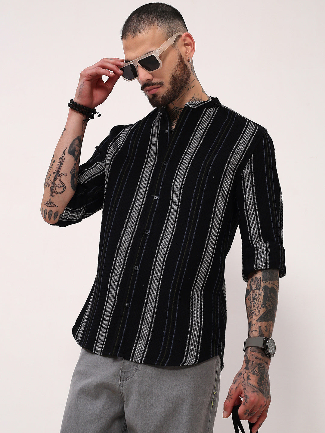 Men Black Striped Slim Fit Shirt