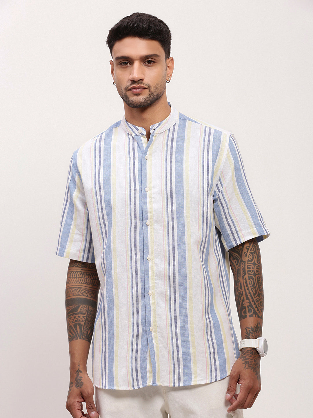 Men Blue Striped Slim Fit Shirt