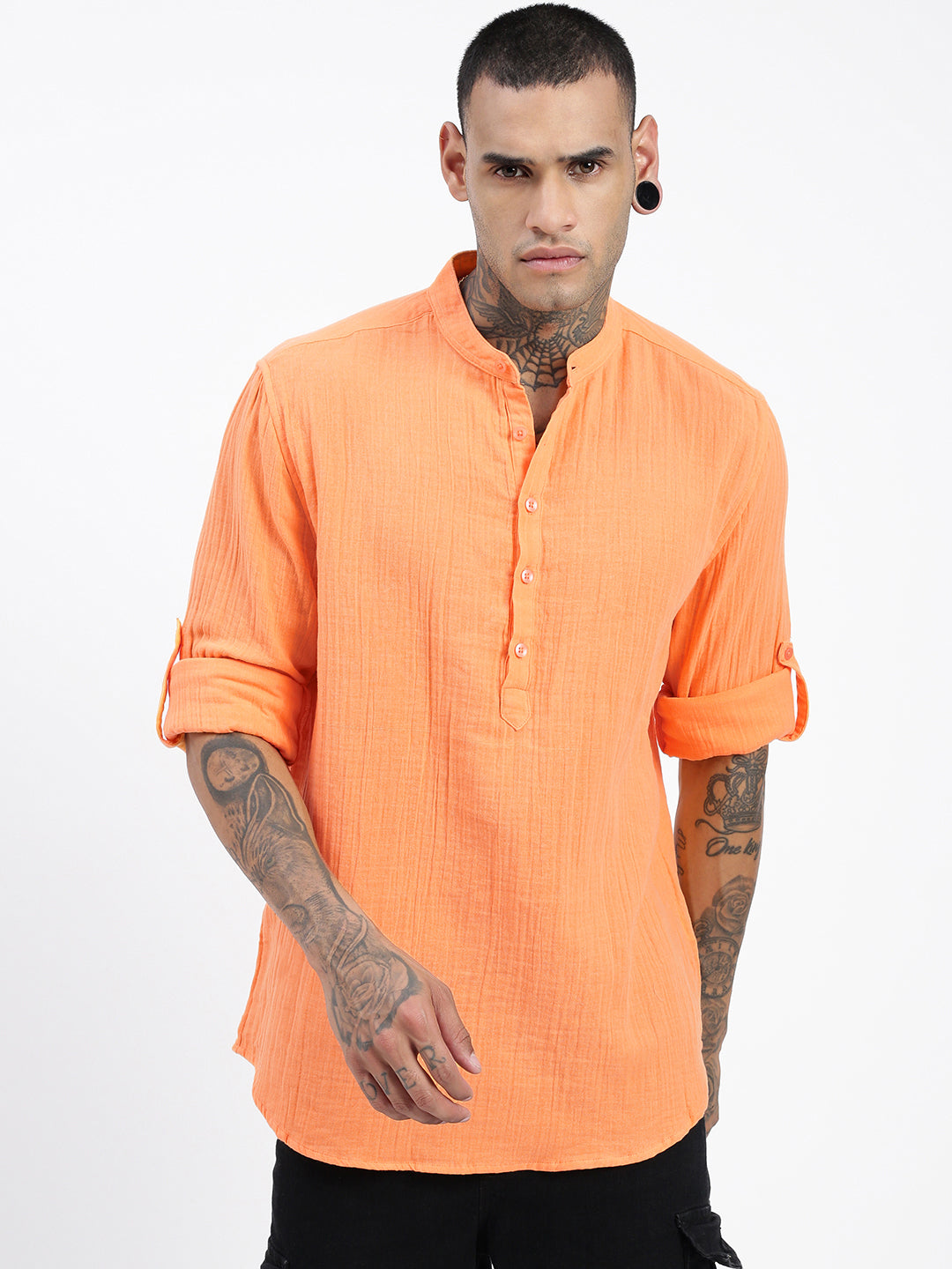 Men Orange Solid Kurta