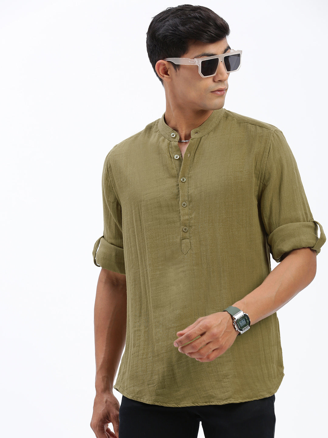 Men Olive Solid Kurta