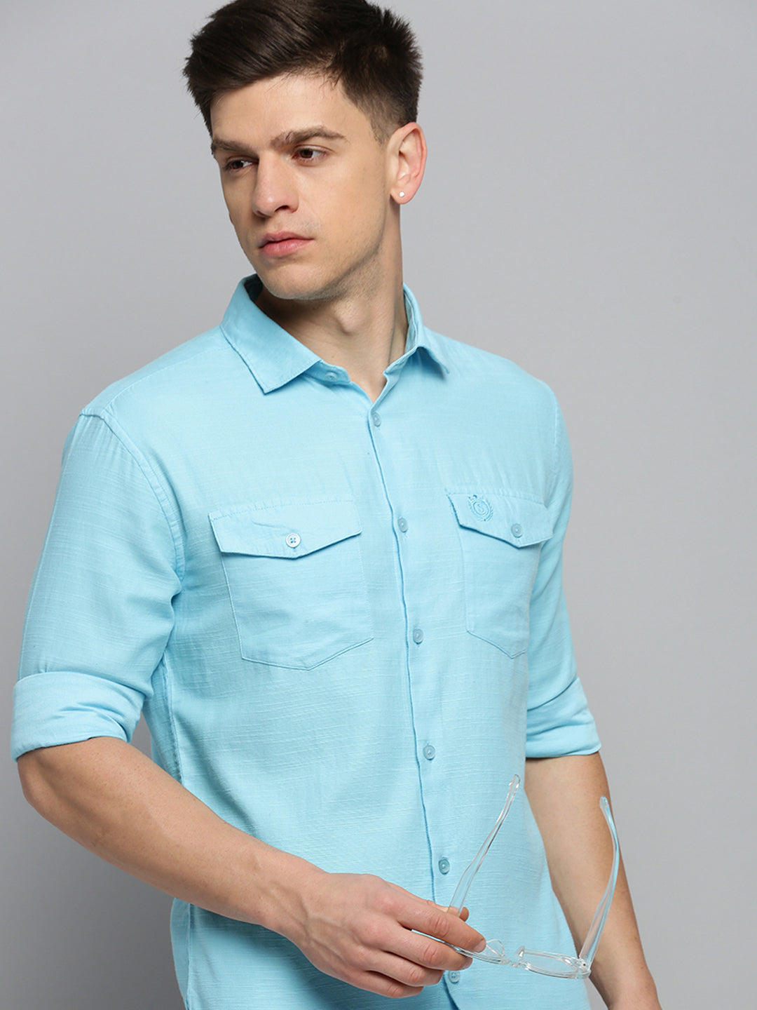Men Spread Collar Solid Blue Shirt