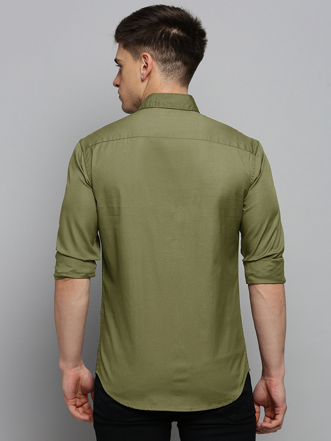 Men Spread Collar Solid Olive Shirt