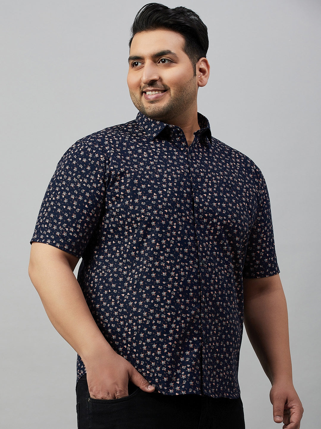 Men Spread Collar Printed Navy Blue Shirt