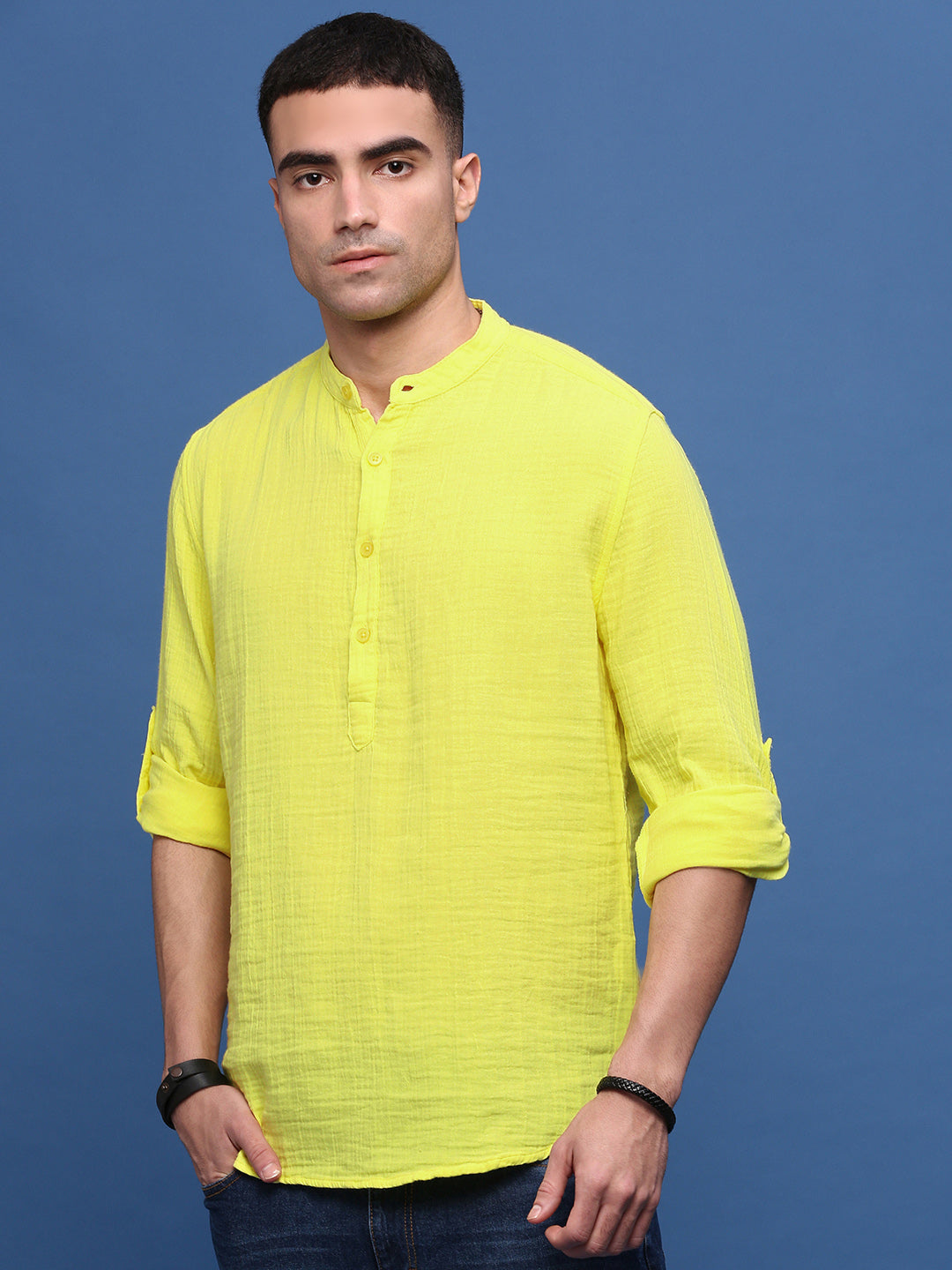 Men Yellow Solid Slim Fit Casual Kurta