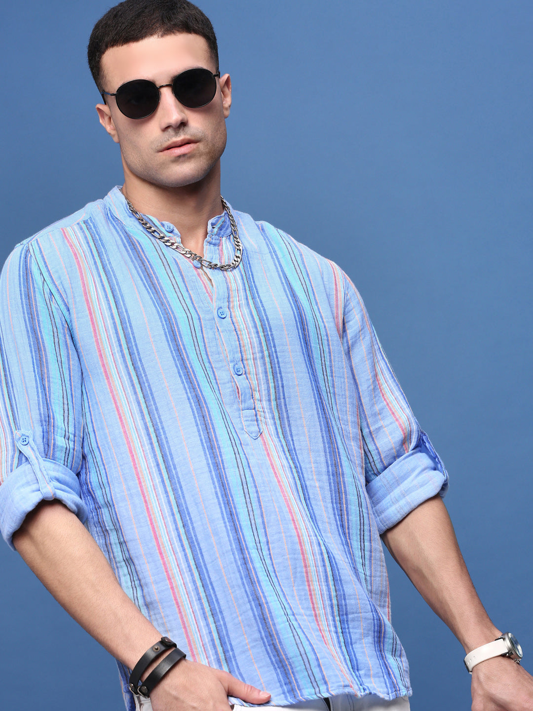 Men Blue Striped Slim Fit Casual Kurta