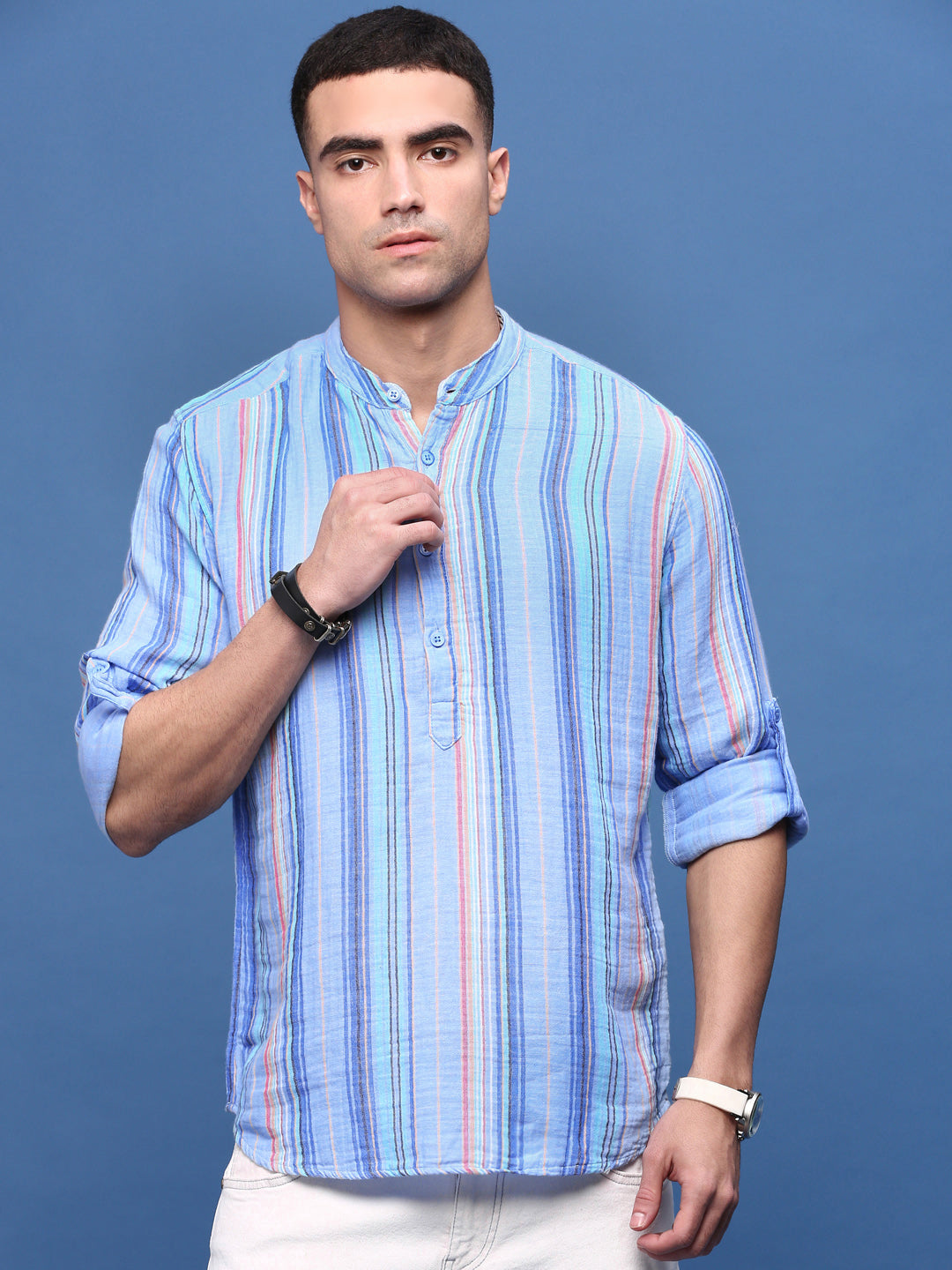 Men Blue Striped Slim Fit Casual Kurta