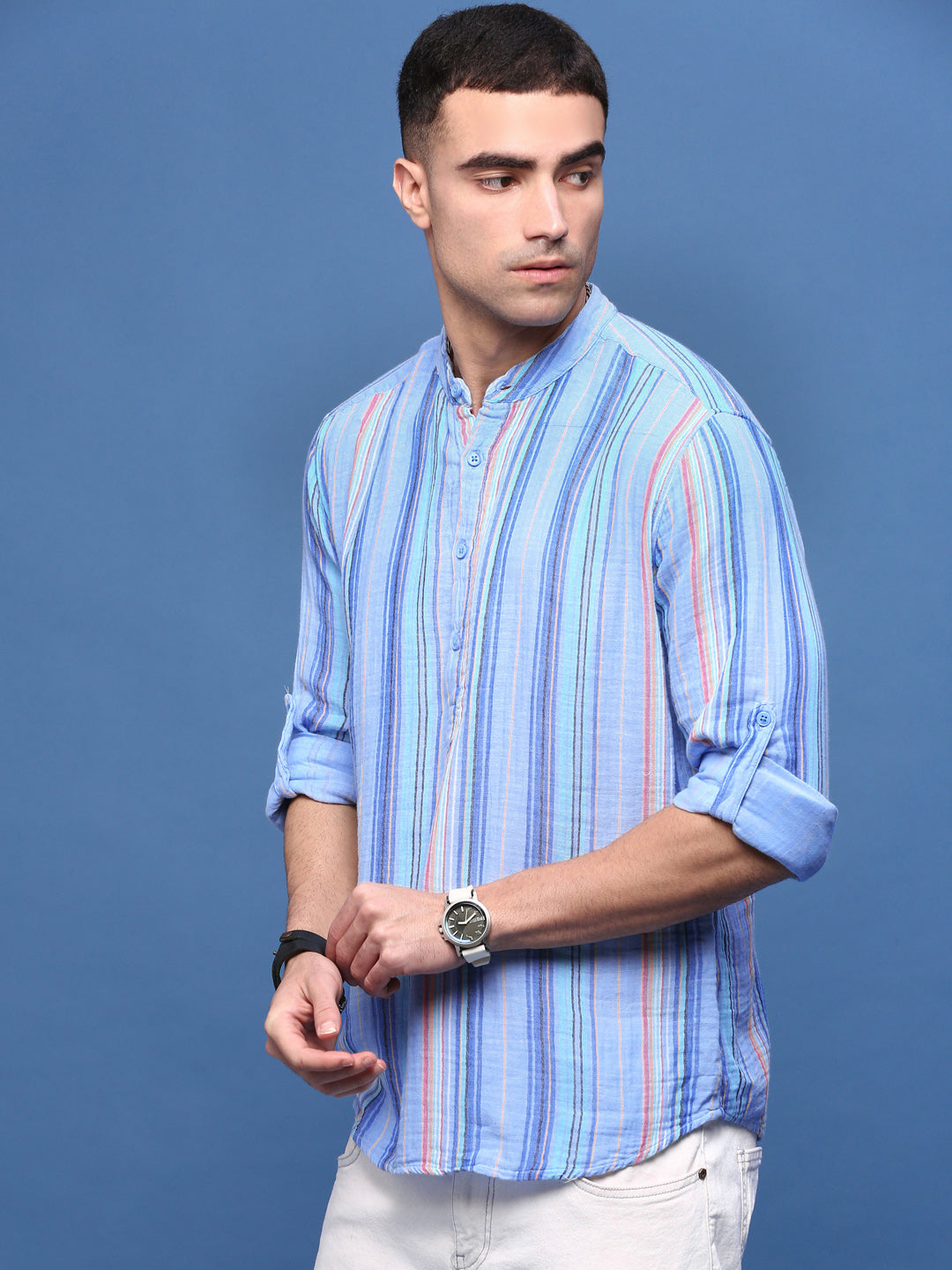 Men Blue Striped Slim Fit Casual Kurta